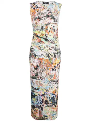 abstract-print gathered-detail midi dress