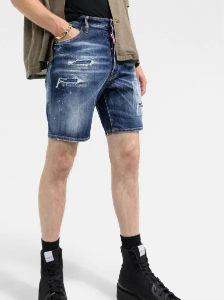 distressed logo-patch denim shorts
