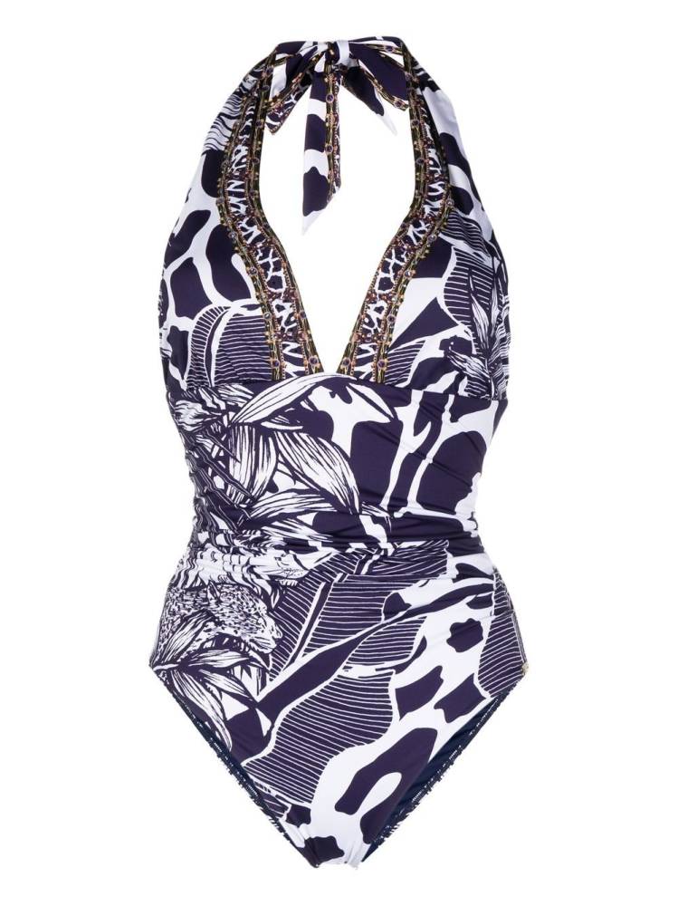 animal-print halterneck swimsuit