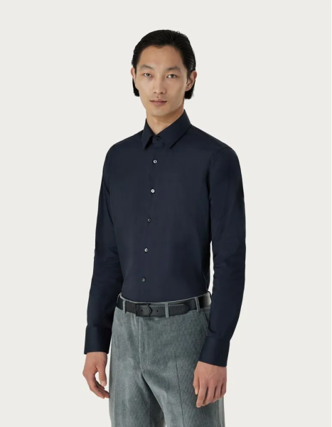 Regular fit shirt in navy blue stretch cotton